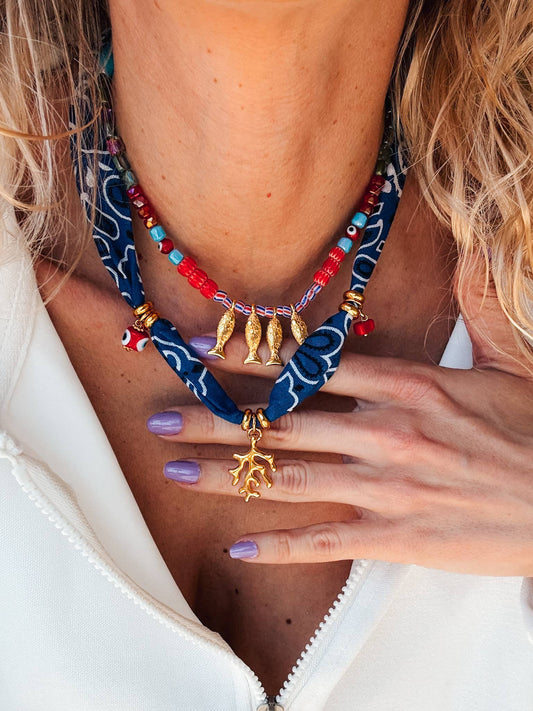 Goupi Goupi - Bohemian blue bandana scarf & colorful beaded fish necklace: Blue Bandana