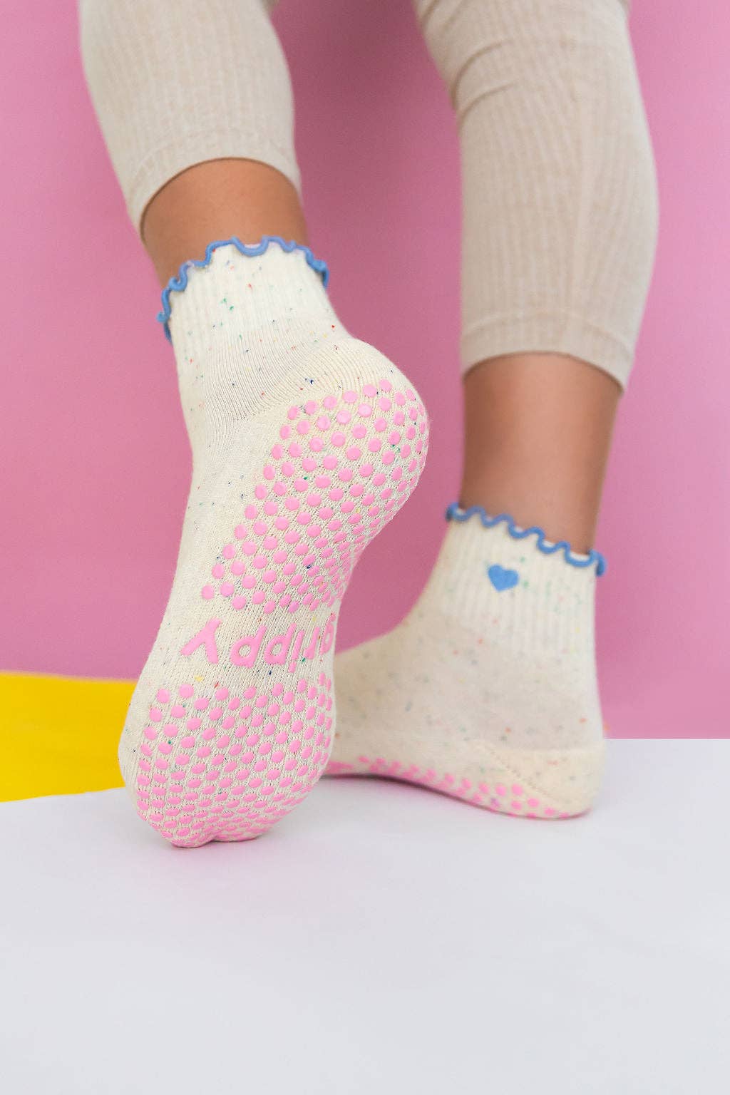 Grippy GRIPPY Pastel Ankle Frill Grippy Socks: Sage + Pink Frill / S/M - Up to size 8 women's AU