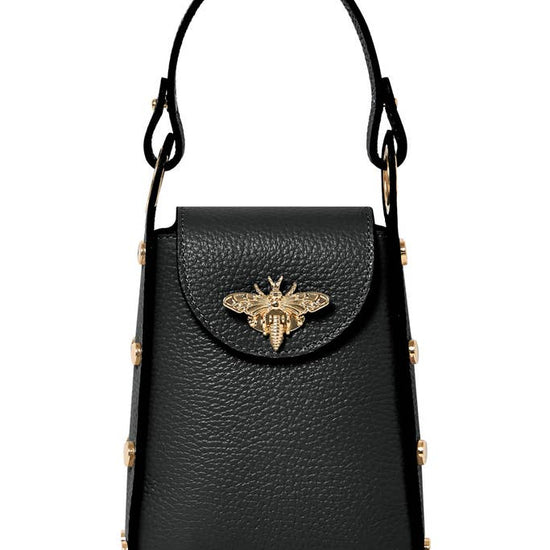 MONTTE DI JINNE MONTTE DI JINNE - Italian Genuine Leather Mini Bee Bag with Gold Chain Strap: Black
