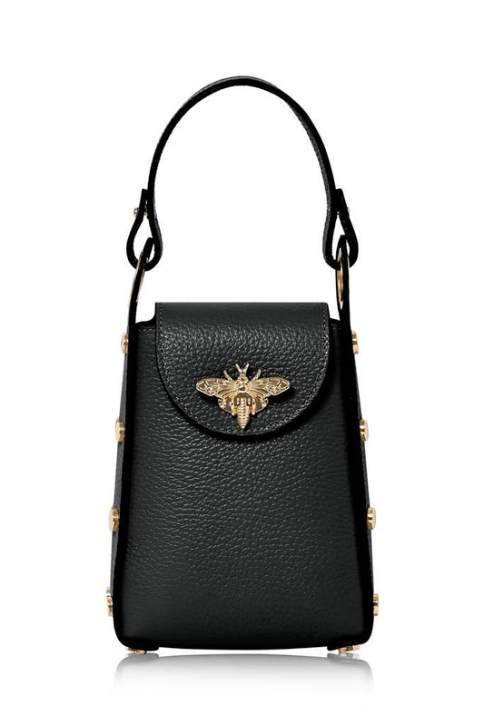 MONTTE DI JINNE MONTTE DI JINNE - Italian Genuine Leather Mini Bee Bag with Gold Chain Strap: Black