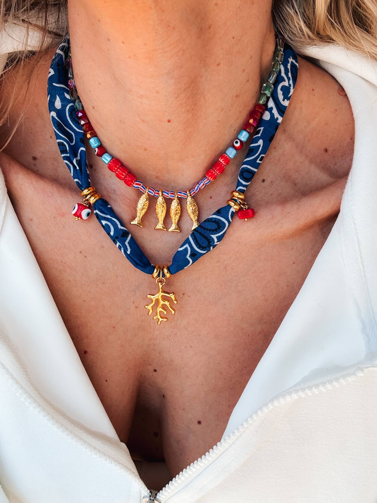 Goupi Goupi - Bohemian blue bandana scarf & colorful beaded fish necklace: Blue Bandana