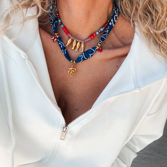 Goupi Goupi - Bohemian blue bandana scarf & colorful beaded fish necklace: Blue Bandana