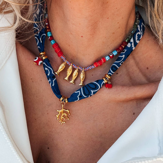 Goupi Goupi - Bohemian blue bandana scarf & colorful beaded fish necklace: Blue Bandana
