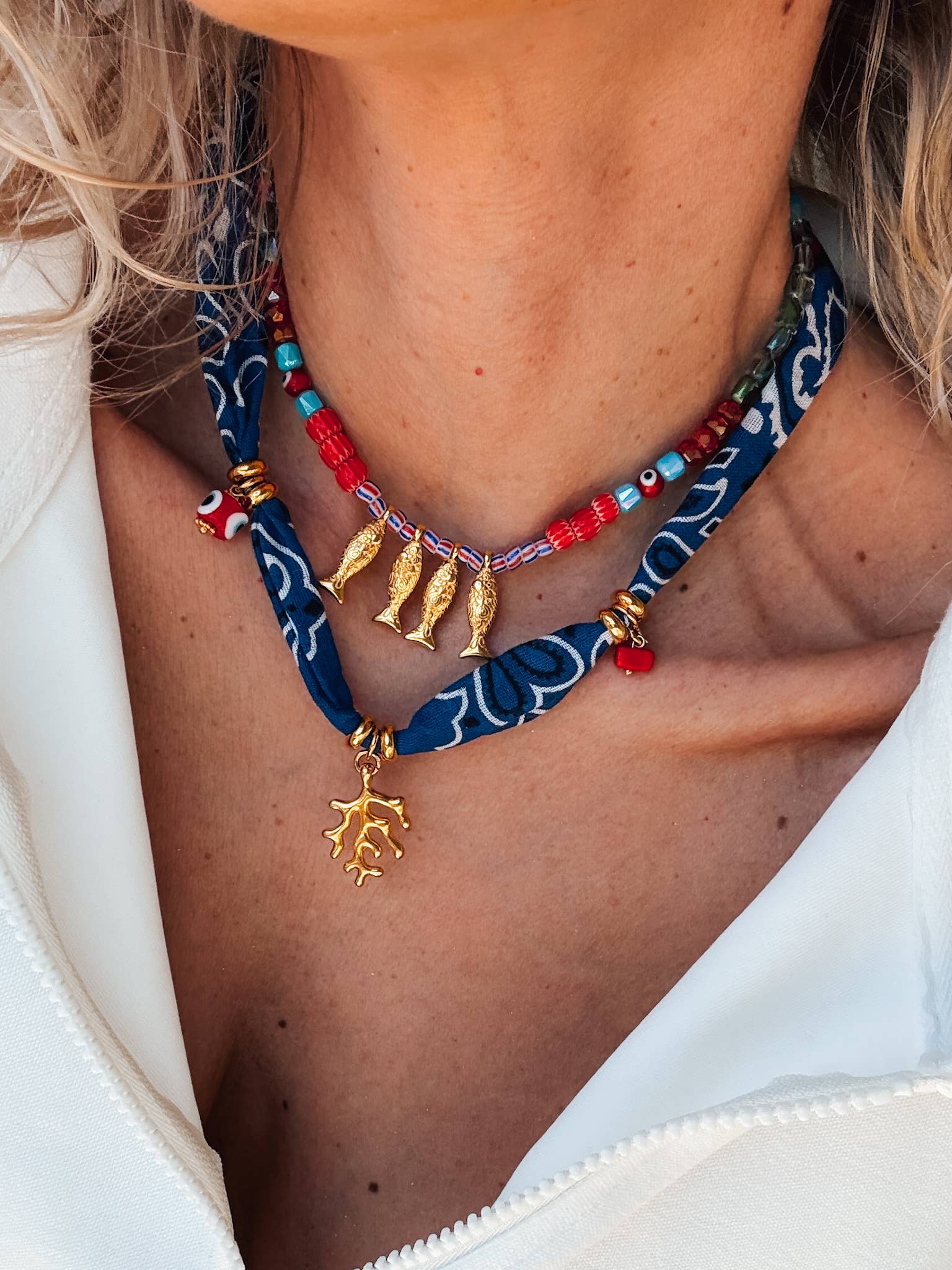 Goupi Goupi - Bohemian blue bandana scarf & colorful beaded fish necklace: Blue Bandana