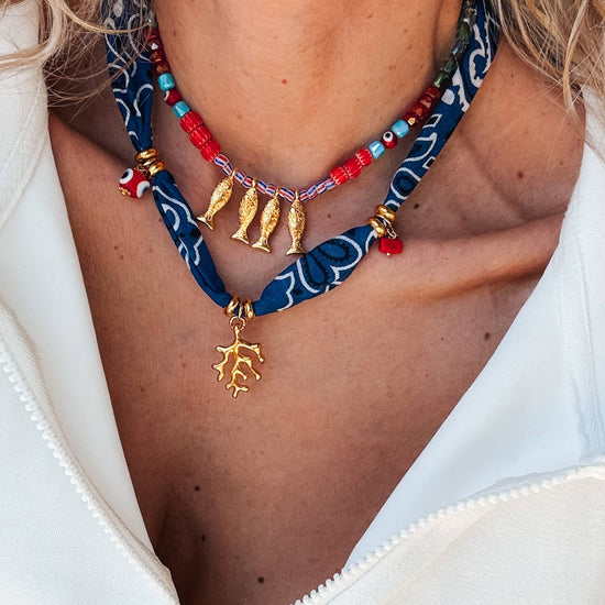 Goupi Goupi - Bohemian blue bandana scarf & colorful beaded fish necklace: Blue Bandana