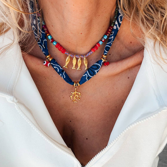 Goupi Goupi - Bohemian blue bandana scarf & colorful beaded fish necklace: Fish Necklace