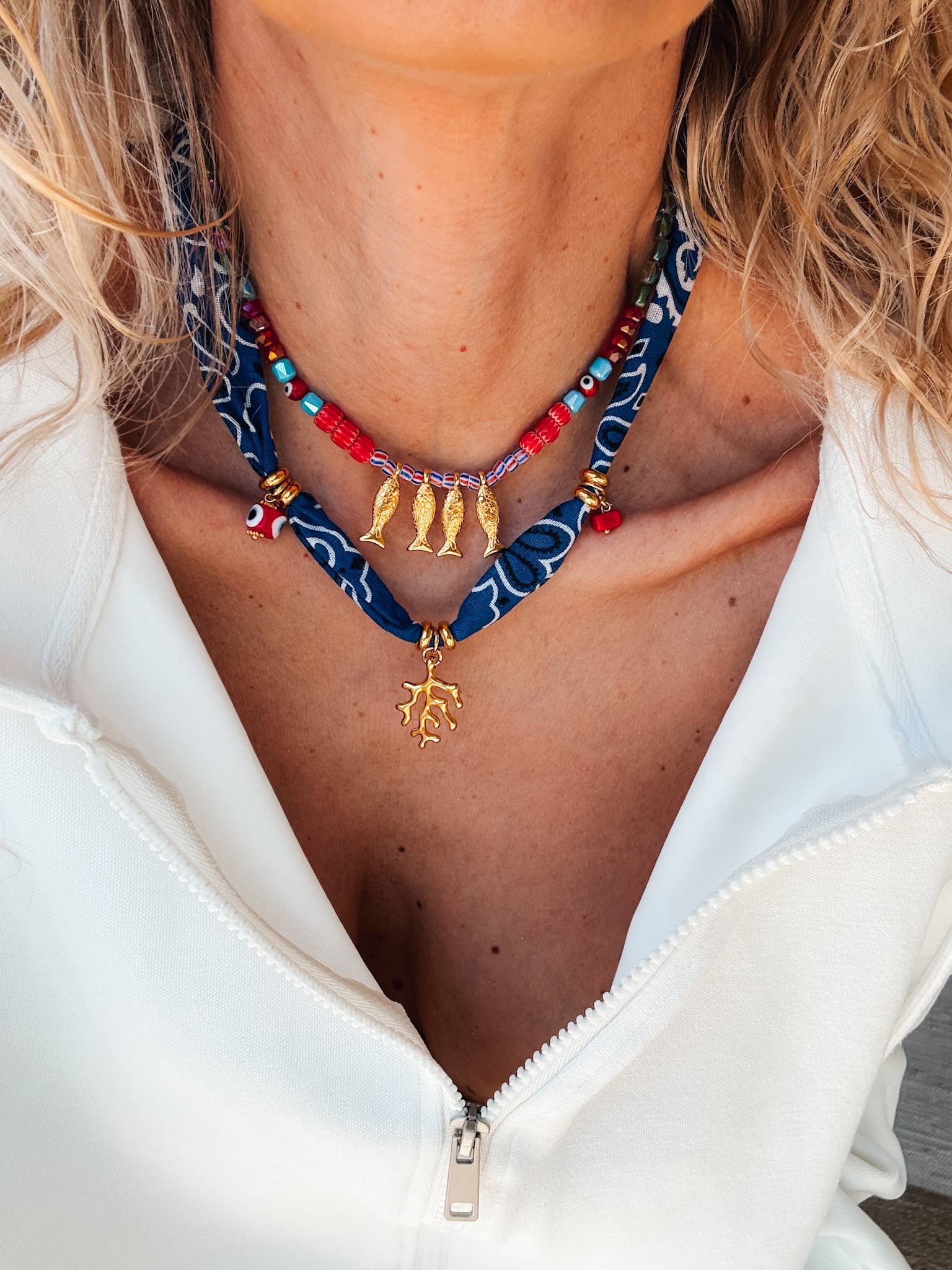 Goupi Goupi - Bohemian blue bandana scarf & colorful beaded fish necklace: Fish Necklace