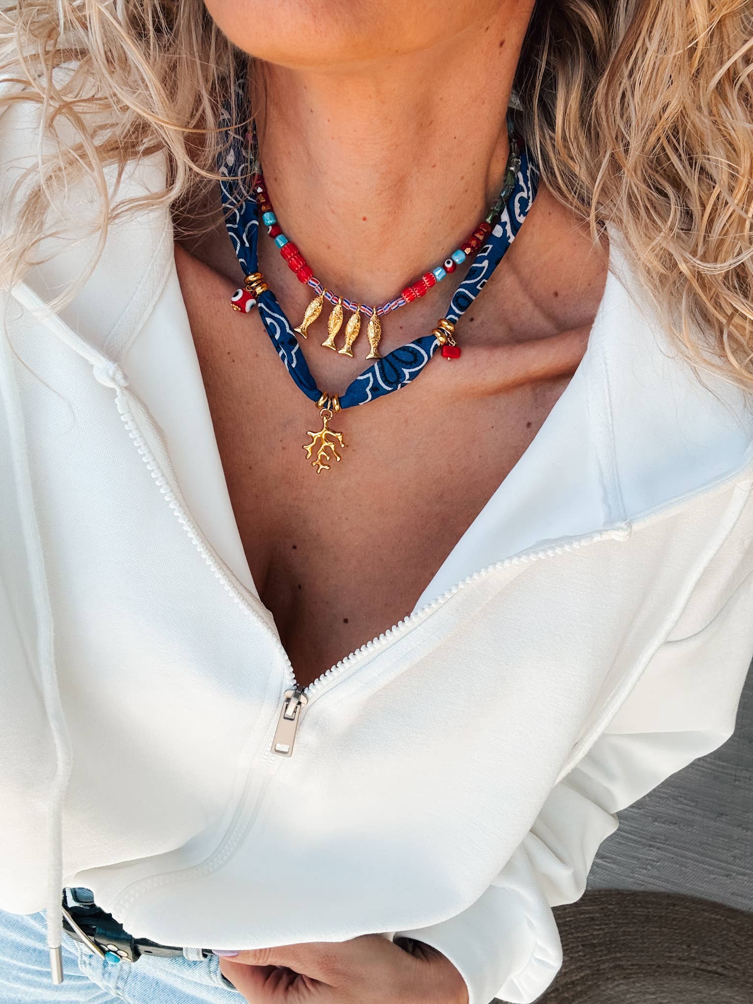 Goupi Goupi - Bohemian blue bandana scarf & colorful beaded fish necklace: Fish Necklace