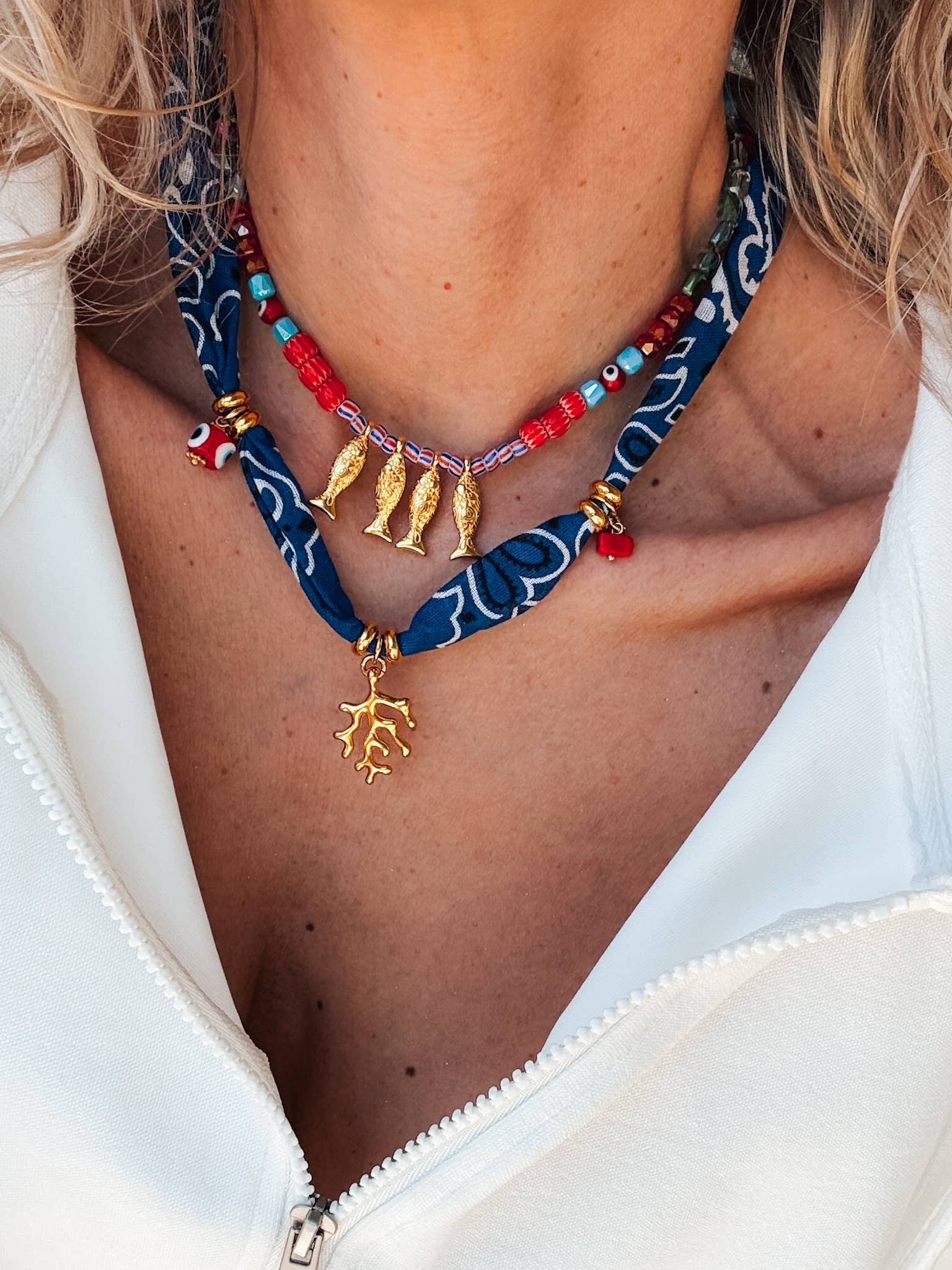 Goupi Goupi - Bohemian blue bandana scarf & colorful beaded fish necklace: Fish Necklace