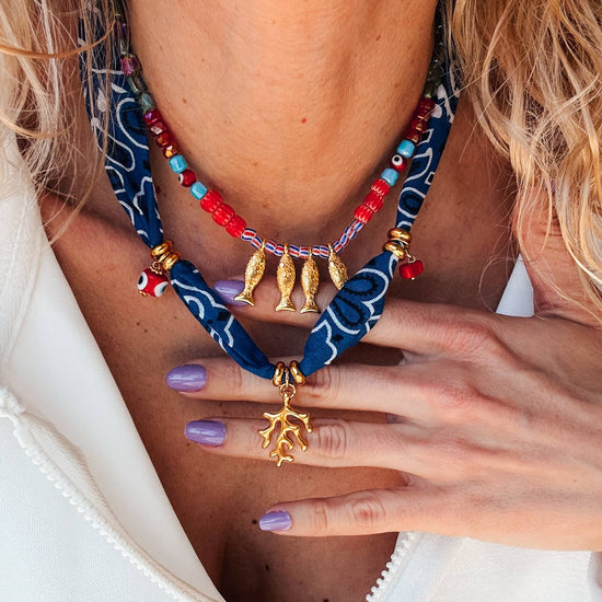 Goupi Goupi - Bohemian blue bandana scarf & colorful beaded fish necklace: Fish Necklace