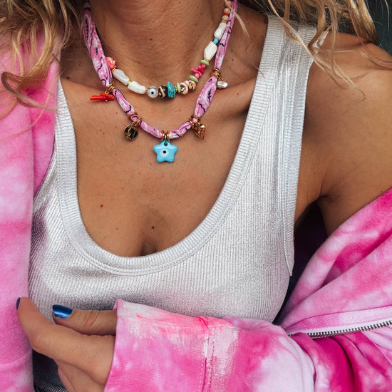 Goupi Goupi - Bohemian pink bandana scarf and colorful beaded necklaces: Beaded necklace