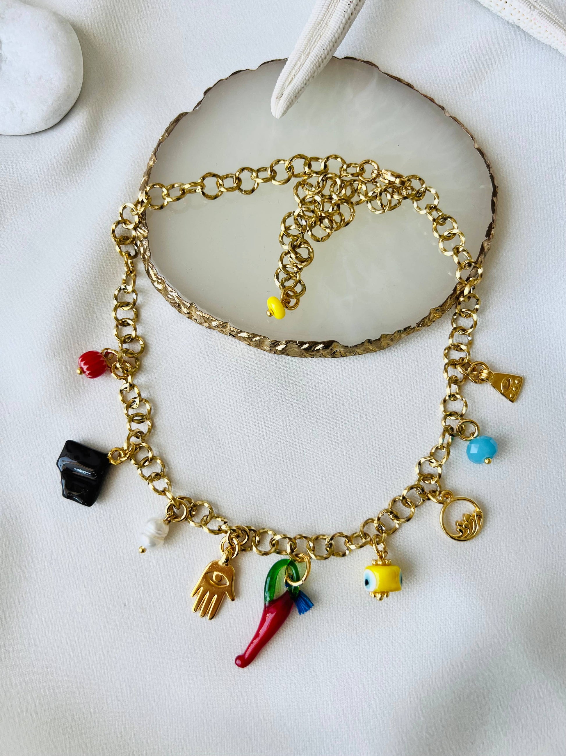 Goupi Goupi - Multi charm summer necklace and dark blue beaded necklace: Blue beaded