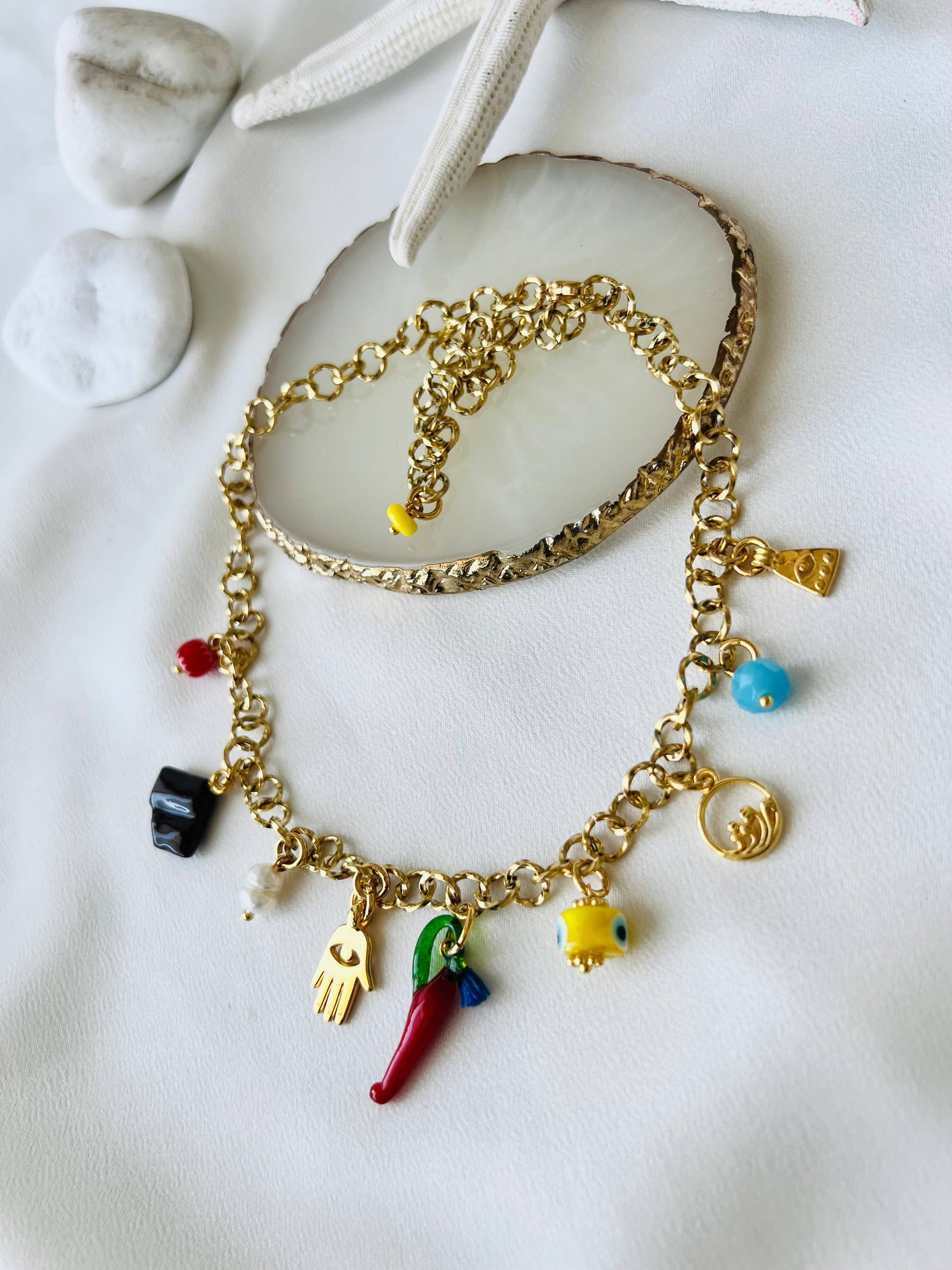 Goupi Goupi - Multi charm summer necklace and dark blue beaded necklace: Blue beaded