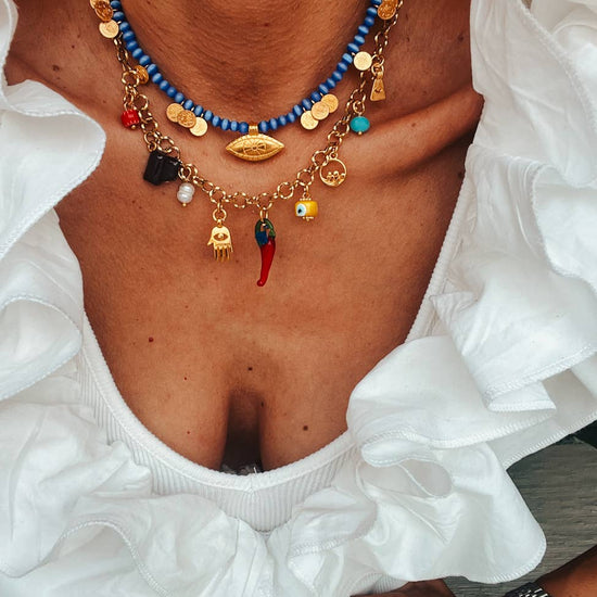 Goupi Goupi - Multi charm summer necklace and dark blue beaded necklace: Blue beaded