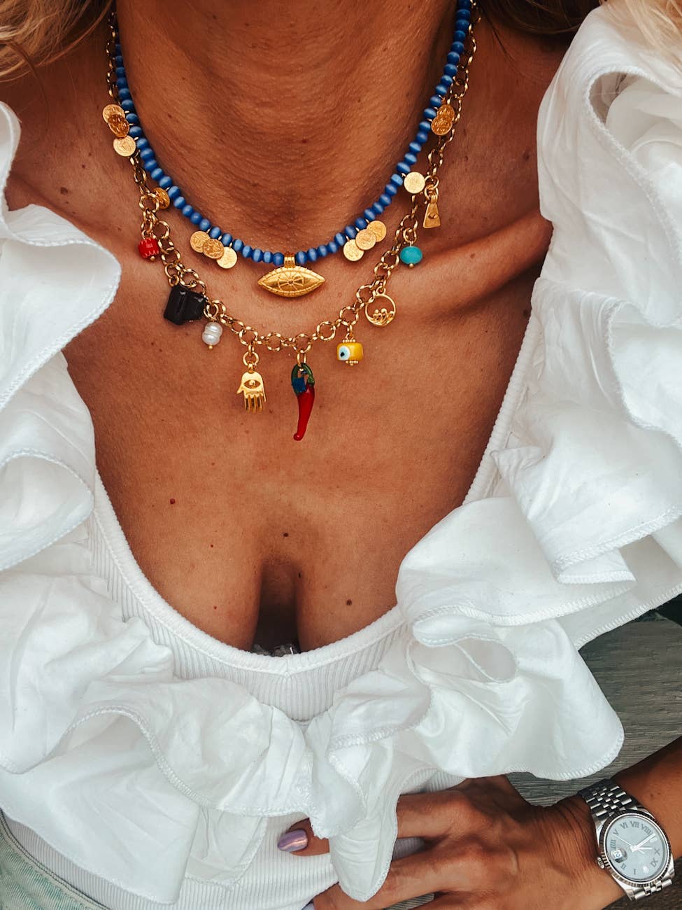 Goupi Goupi - Multi charm summer necklace and dark blue beaded necklace: Blue beaded