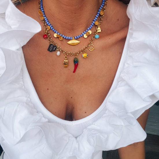 Goupi Goupi - Multi charm summer necklace and dark blue beaded necklace: Blue beaded