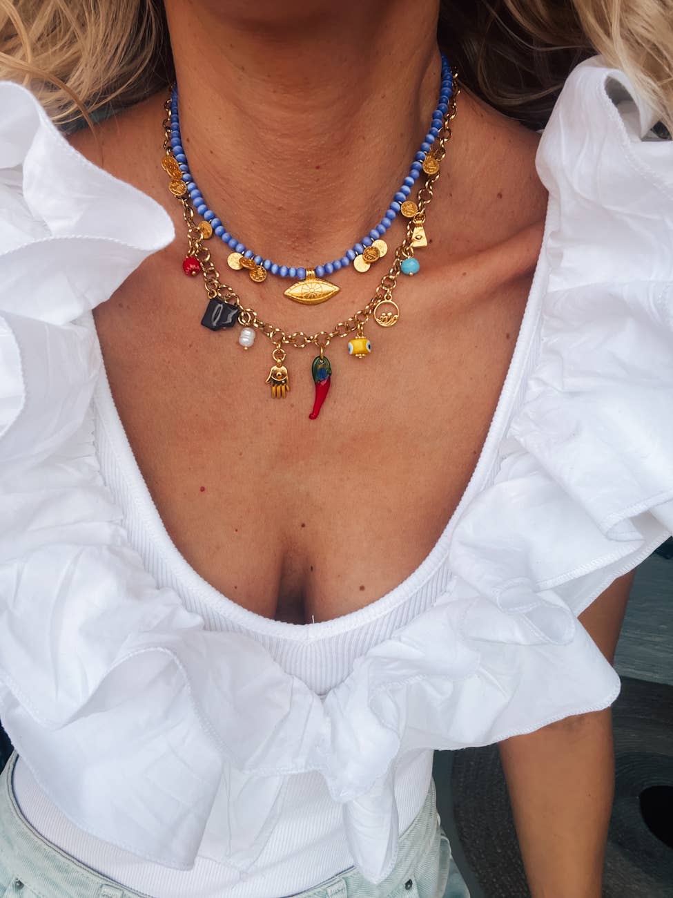 Goupi Goupi - Multi charm summer necklace and dark blue beaded necklace: Blue beaded