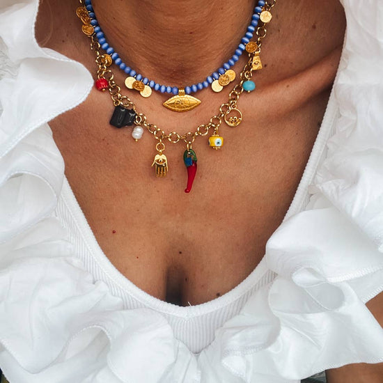 Goupi Goupi - Multi charm summer necklace and dark blue beaded necklace: Blue beaded