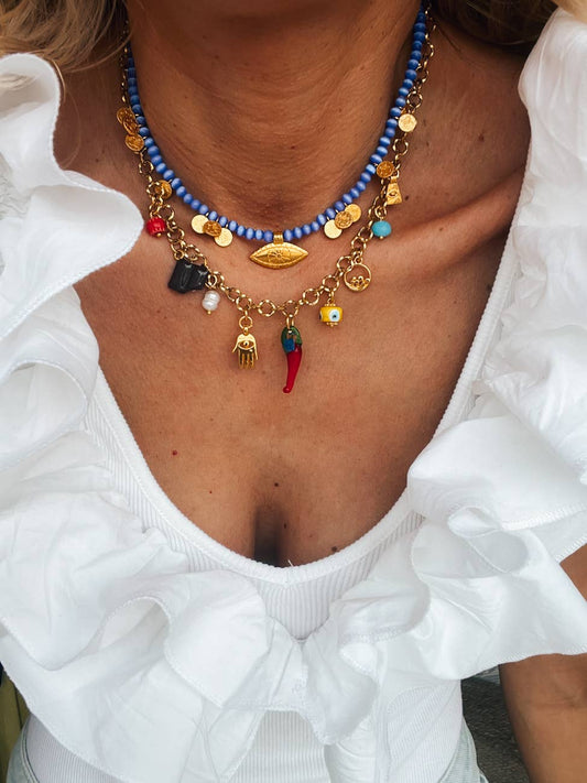 Goupi Goupi - Multi charm summer necklace and dark blue beaded necklace: Blue beaded