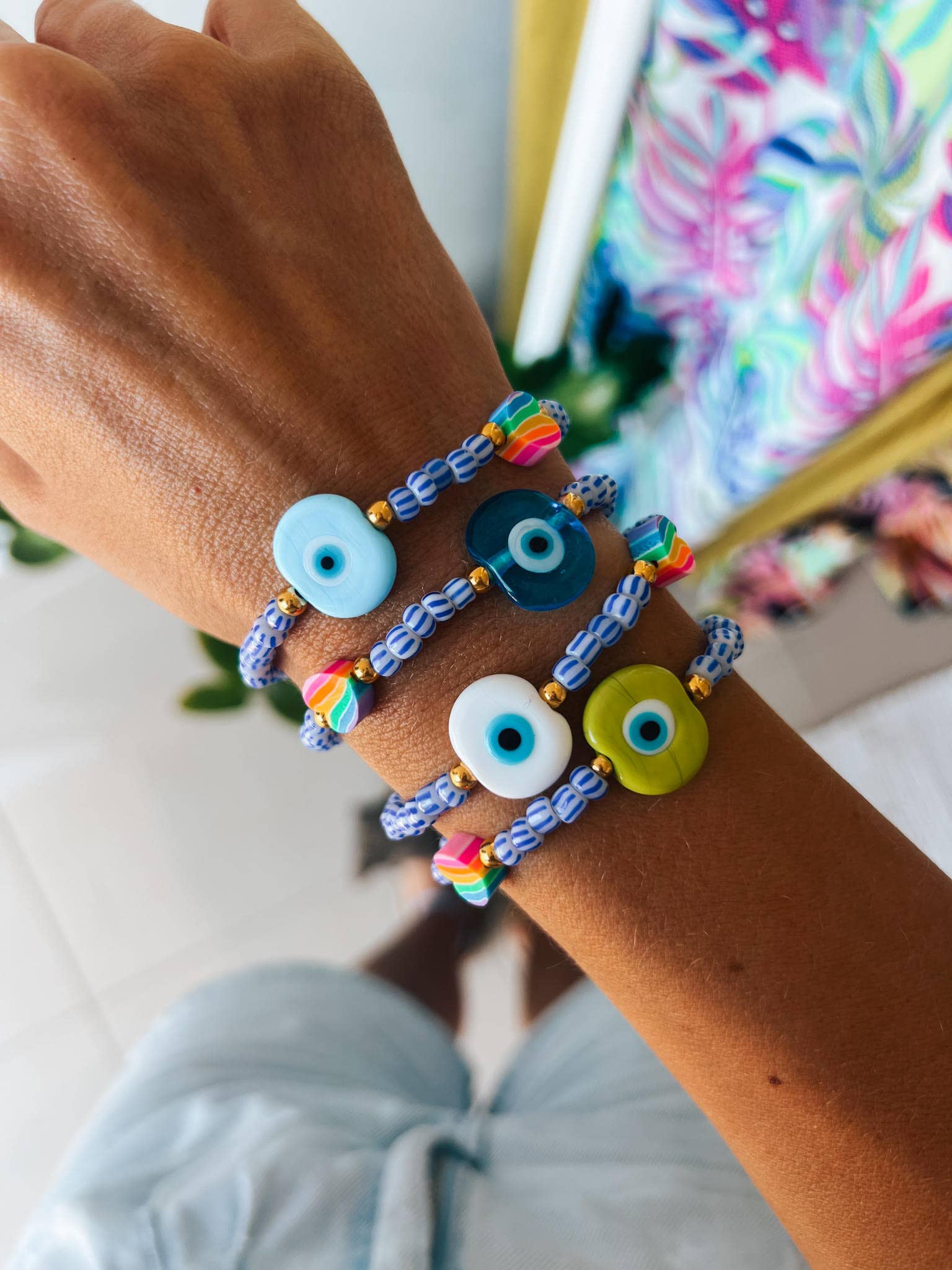 Goupi Goupi - Multicolor beaded summer eye bracelets: White eye