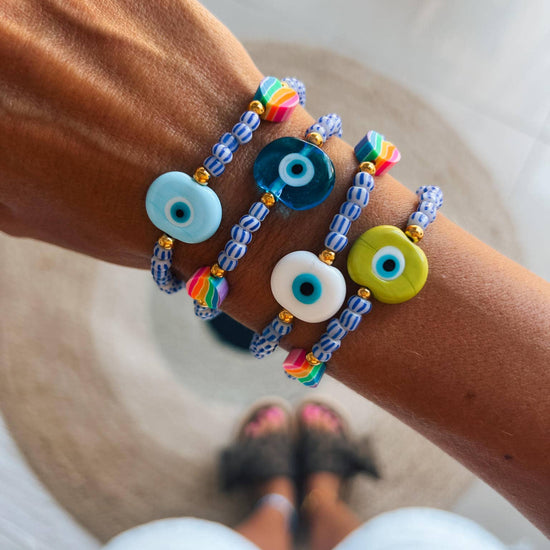 Goupi Goupi - Multicolor beaded summer eye bracelets: White eye