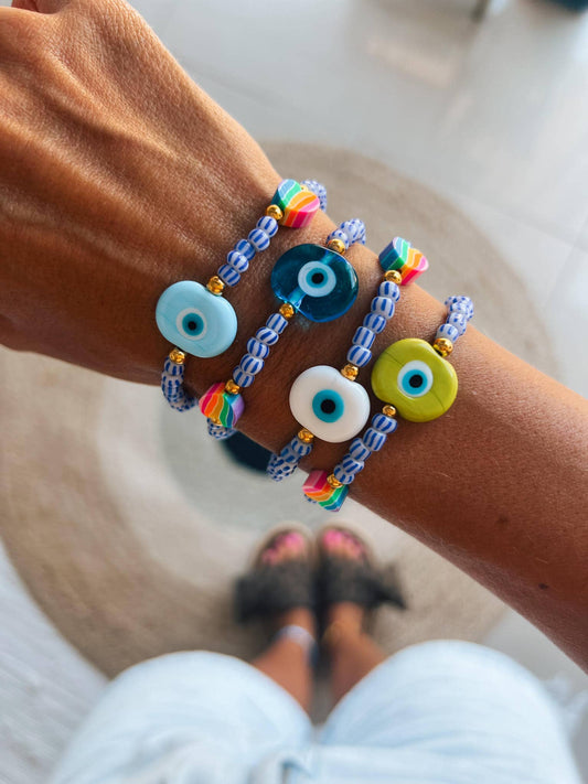 Goupi Goupi - Multicolor beaded summer eye bracelets: White eye