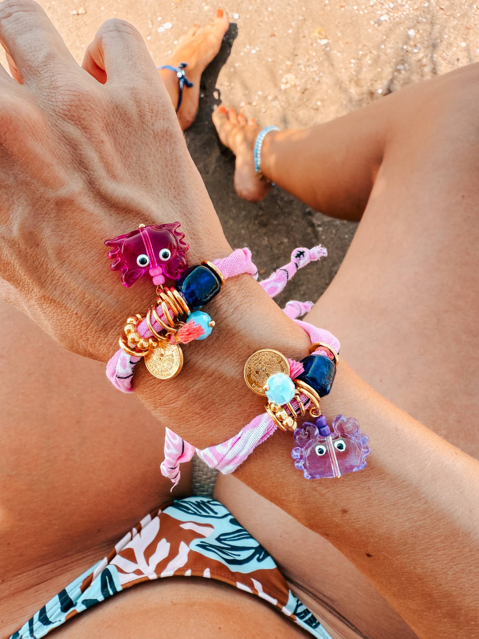 Goupi Goupi - Pink Boho Bandana Bracelets with Ocean crab & turtle Charms: Ciel Turtle