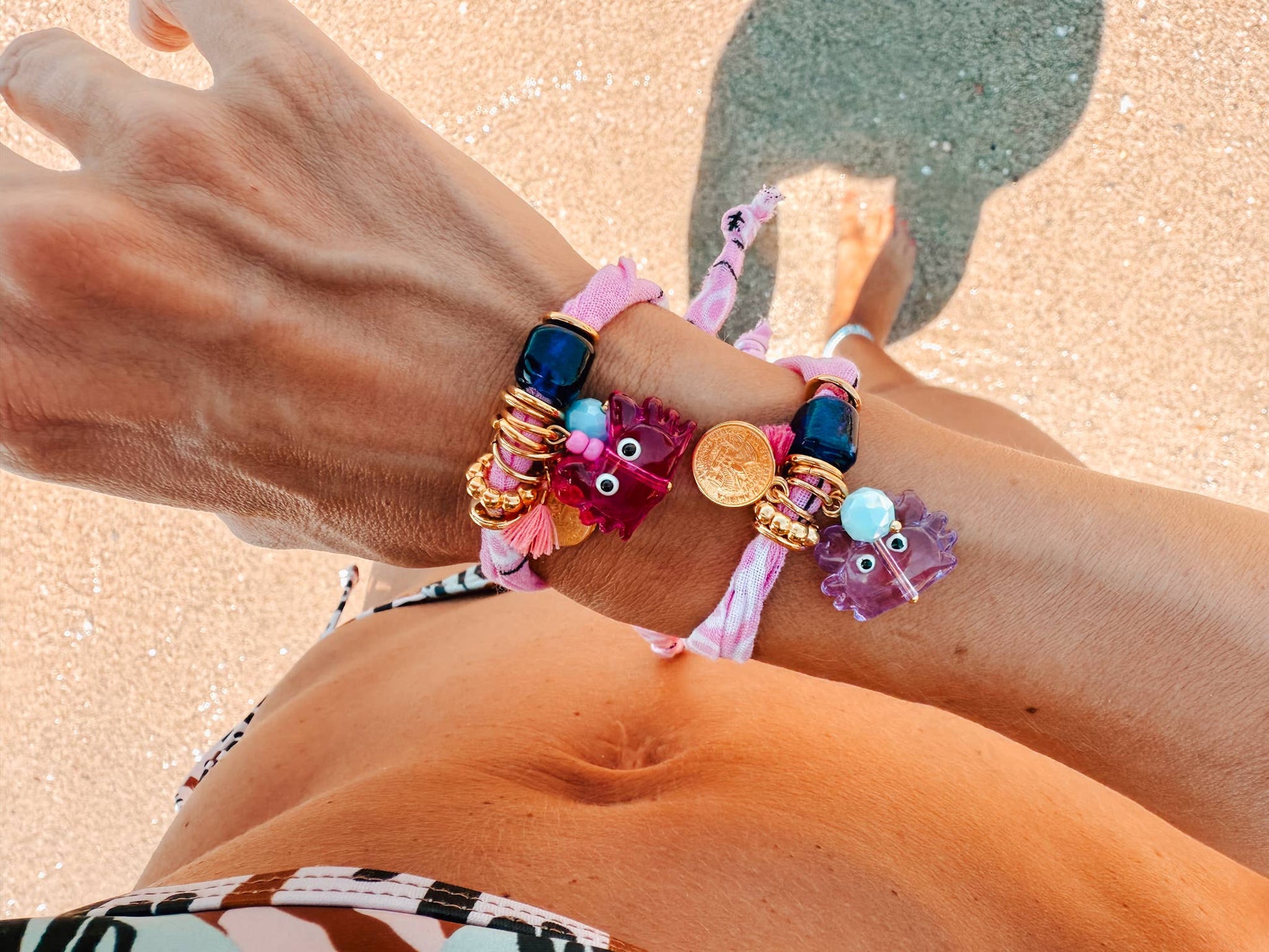 Goupi Goupi - Pink Boho Bandana Bracelets with Ocean crab & turtle Charms: Ciel Turtle