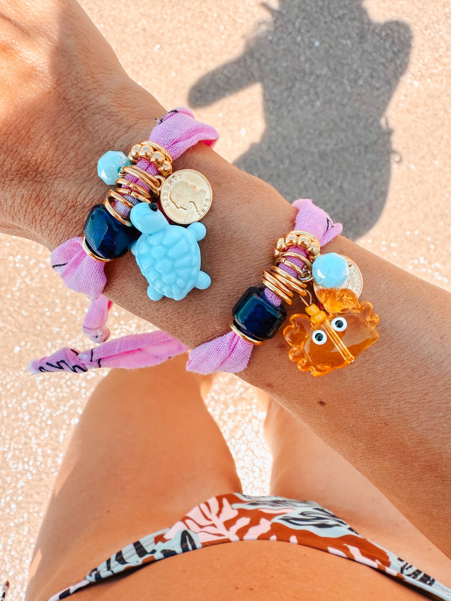 Goupi Goupi - Pink Boho Bandana Bracelets with Ocean crab & turtle Charms: Fuchsia Crab
