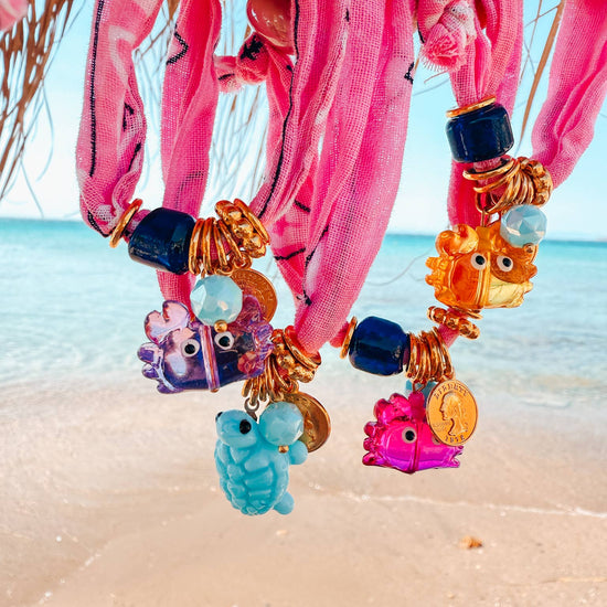 Goupi Goupi - Pink Boho Bandana Bracelets with Ocean crab & turtle Charms: Lilac Crab