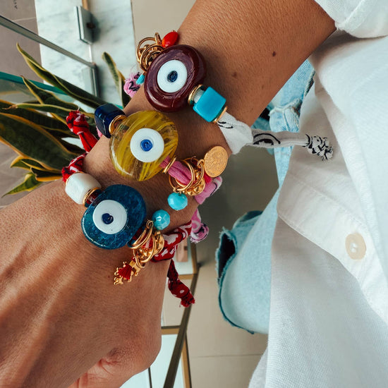 Goupi Goupi - Summer bandana scarf bracelets with large glass evil eye: Blue