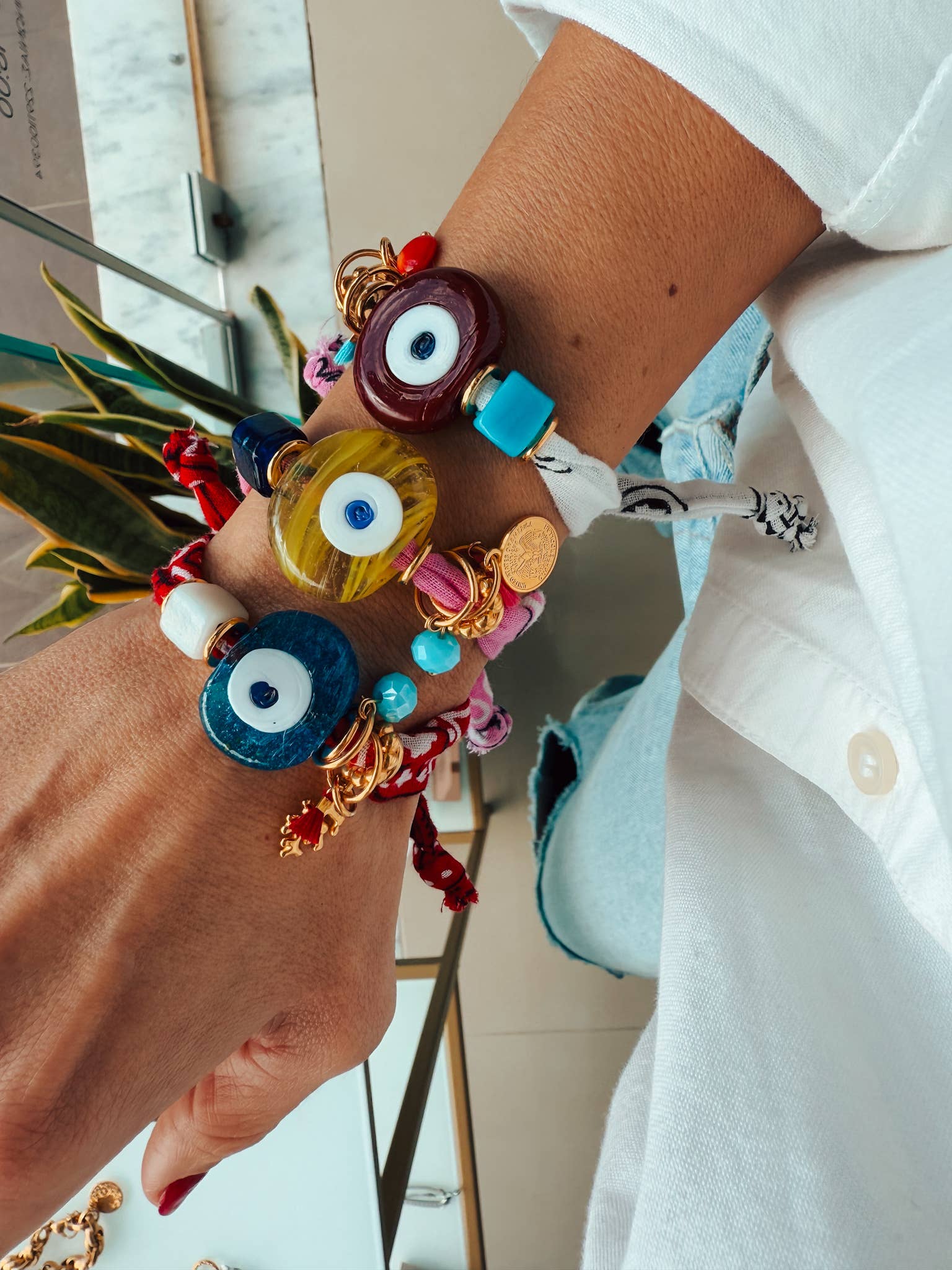 Goupi Goupi - Summer bandana scarf bracelets with large glass evil eye: Blue