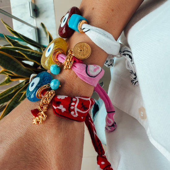 Goupi Goupi - Summer bandana scarf bracelets with large glass evil eye: Blue