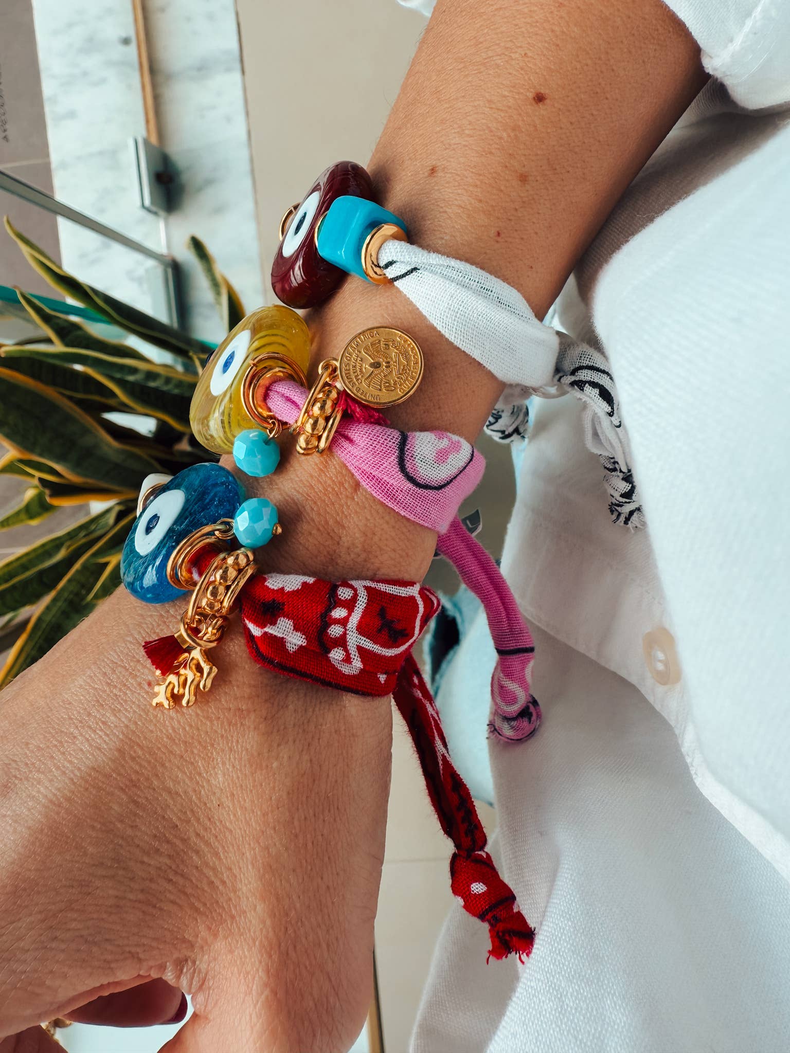 Goupi Goupi - Summer bandana scarf bracelets with large glass evil eye: Blue