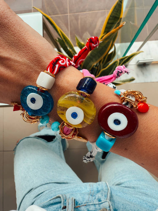 Goupi Goupi - Summer bandana scarf bracelets with large glass evil eye: Blue
