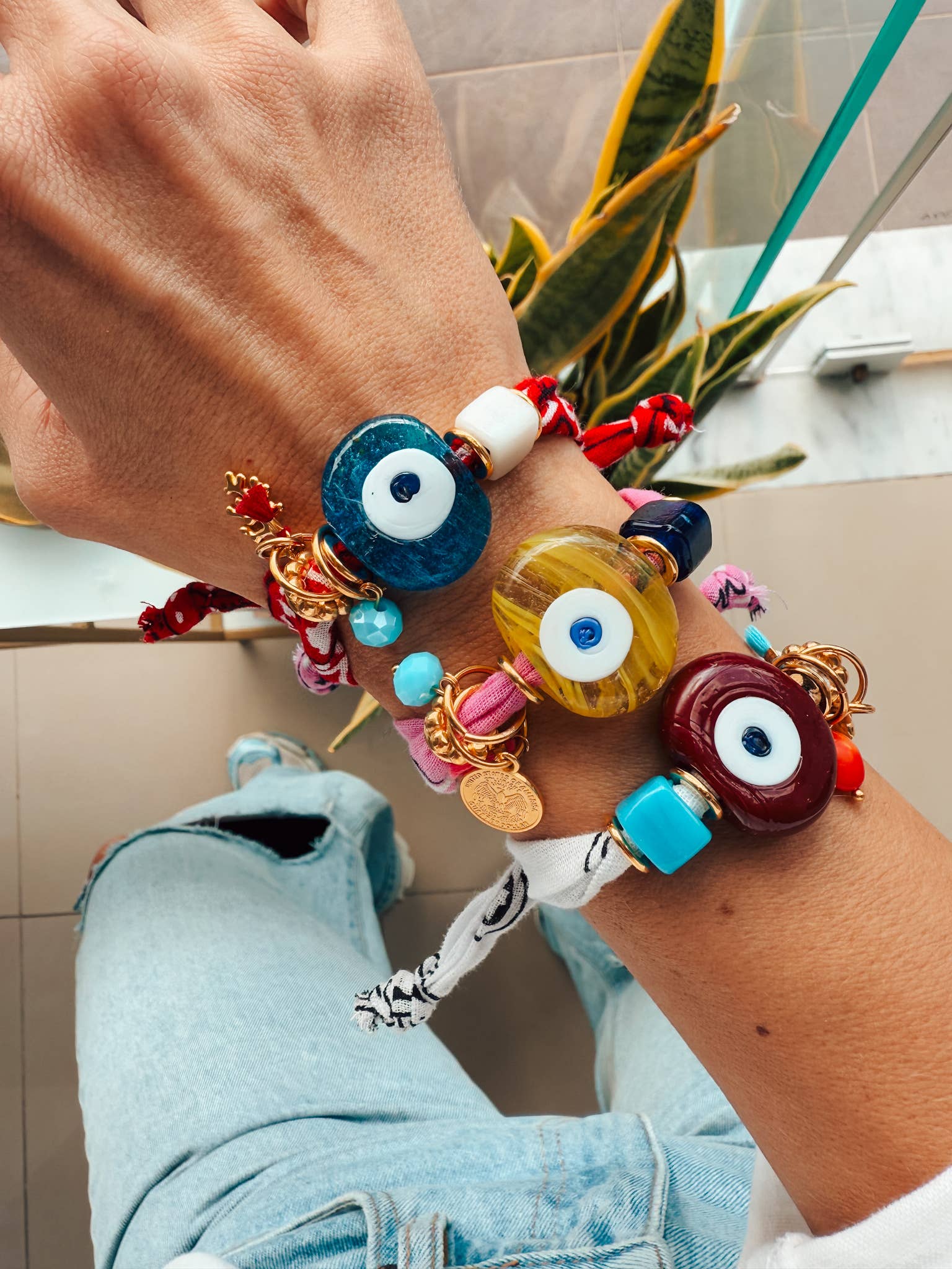 Goupi Goupi - Summer bandana scarf bracelets with large glass evil eye: Blue