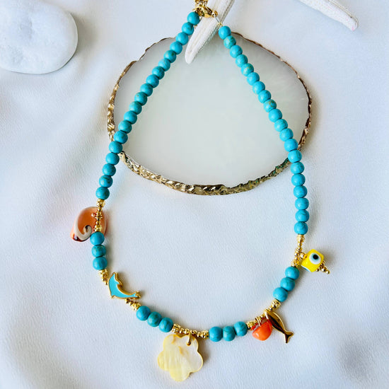 Goupi Goupi - Turquoise semiprecious beaded summer necklaces: Gold fish red beads