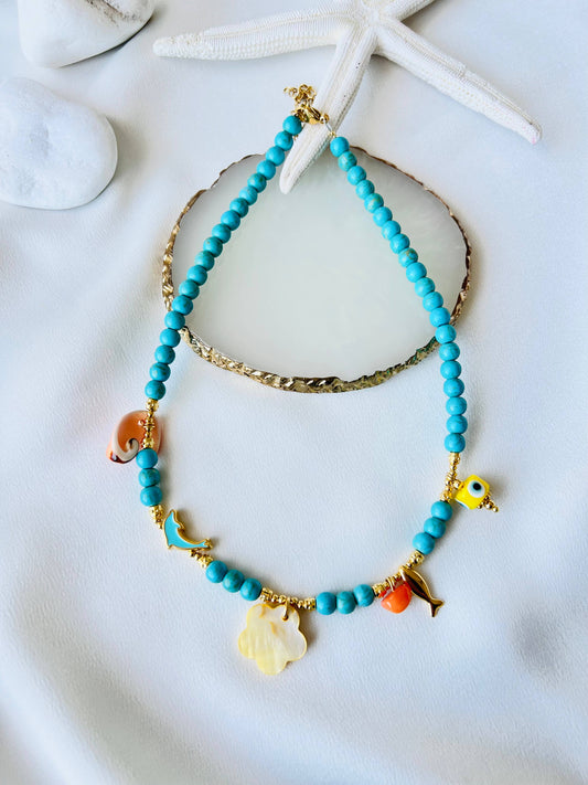 Goupi Goupi - Turquoise semiprecious beaded summer necklaces: Gold fish red beads