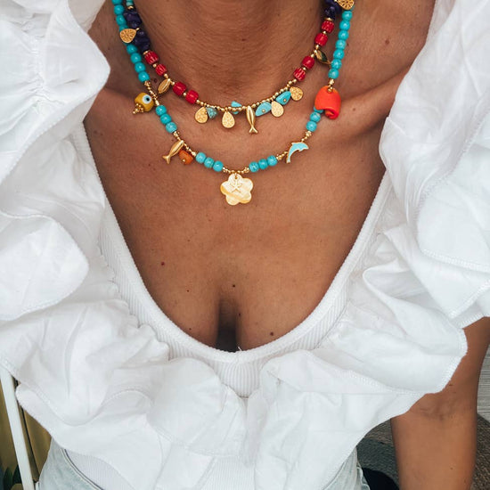 Goupi Goupi - Turquoise semiprecious beaded summer necklaces: Gold fish red beads