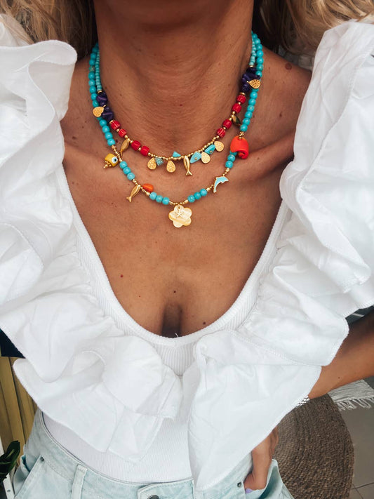 Goupi Goupi - Turquoise semiprecious beaded summer necklaces: Gold fish red beads