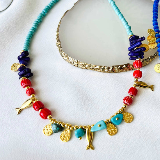 Goupi Goupi - Turquoise semiprecious beaded summer necklaces: Yellow Flower