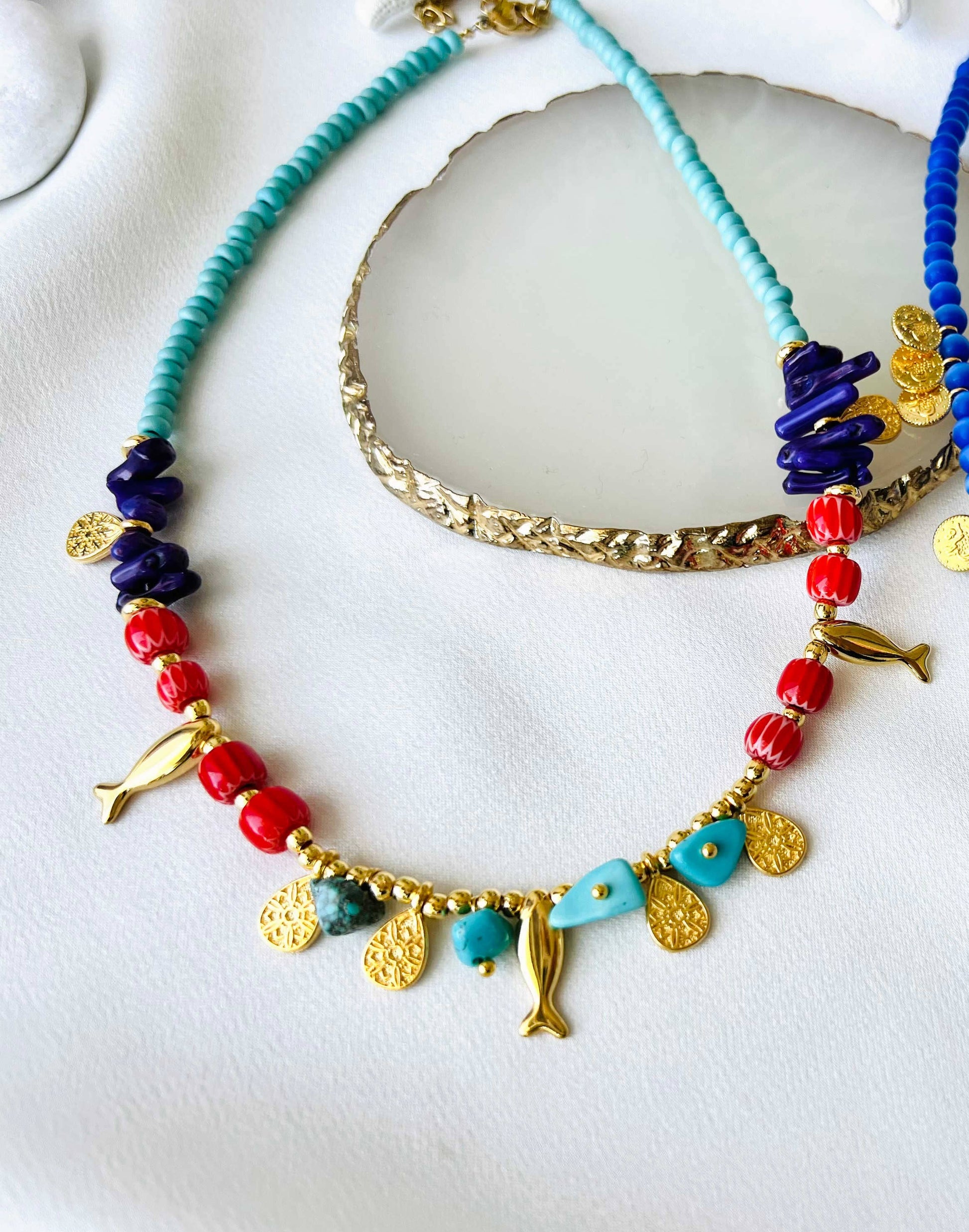 Goupi Goupi - Turquoise semiprecious beaded summer necklaces: Yellow Flower