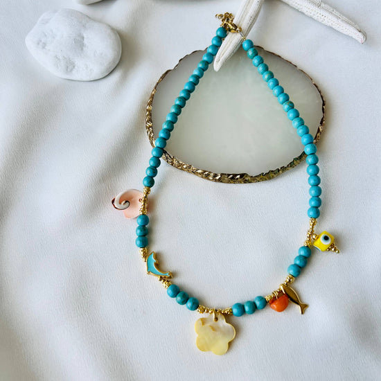 Goupi Goupi - Turquoise semiprecious beaded summer necklaces: Yellow Flower