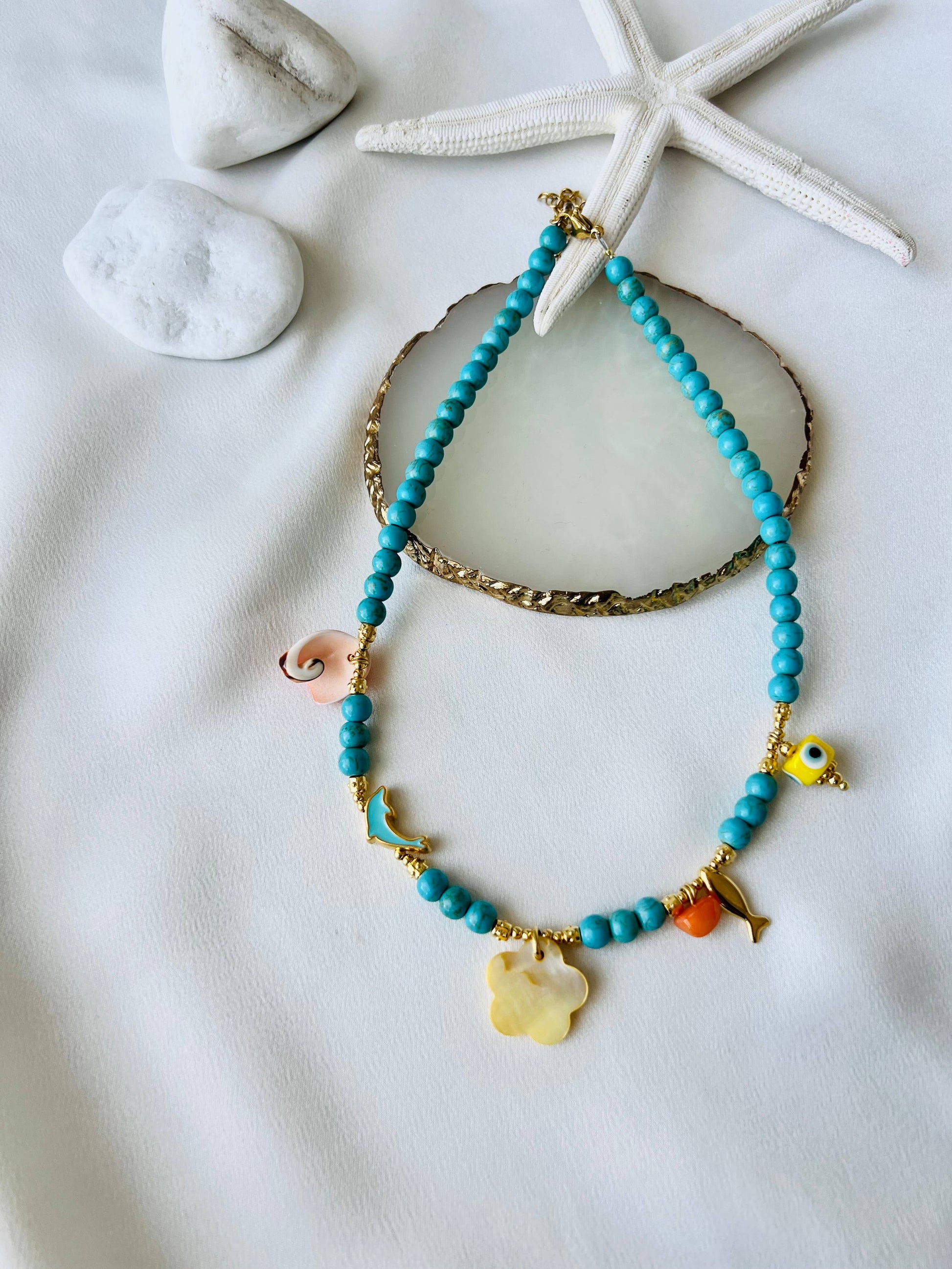 Goupi Goupi - Turquoise semiprecious beaded summer necklaces: Yellow Flower