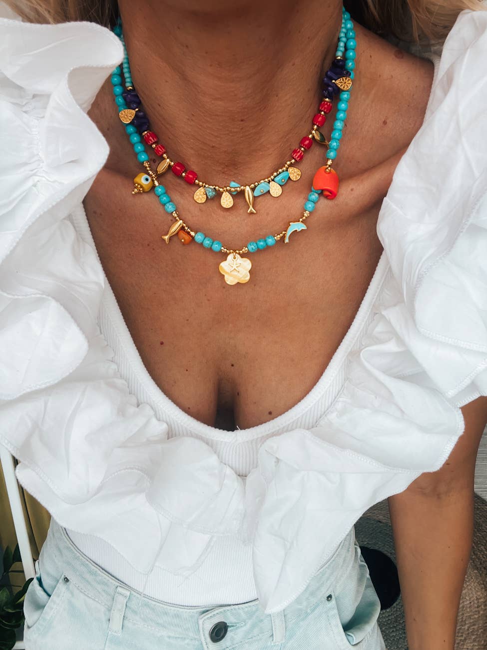 Goupi Goupi - Turquoise semiprecious beaded summer necklaces: Yellow Flower