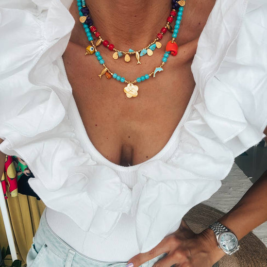 Goupi Goupi - Turquoise semiprecious beaded summer necklaces: Yellow Flower