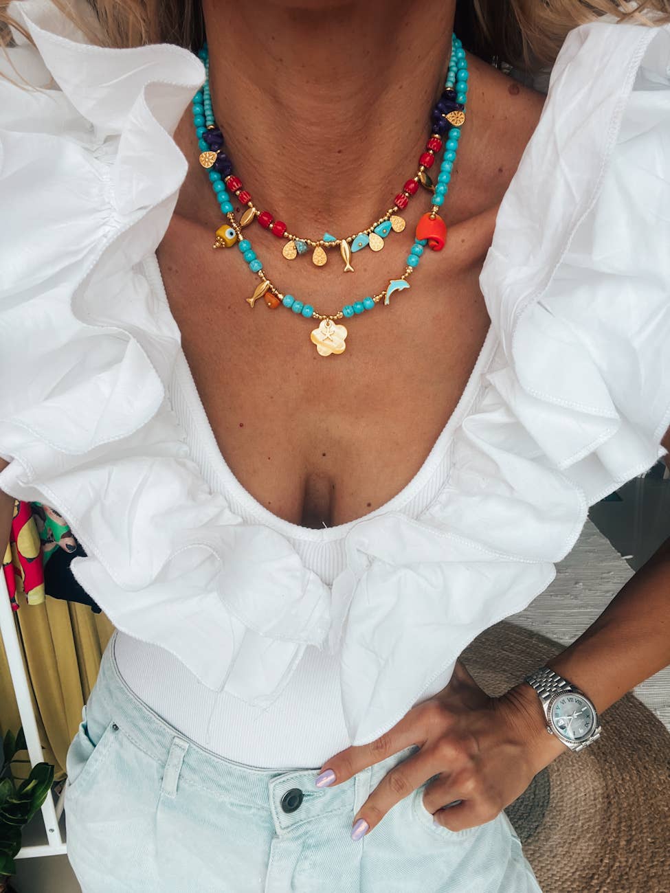 Goupi Goupi - Turquoise semiprecious beaded summer necklaces: Yellow Flower