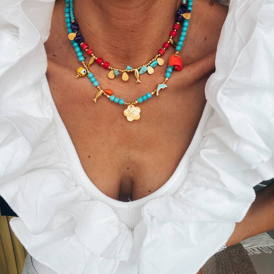 Goupi Goupi - Turquoise semiprecious beaded summer necklaces: Yellow Flower