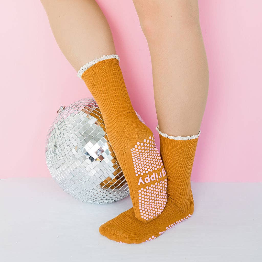 Grippy GRIPPY Frill Crew Grippy Socks: Rust / XS - Size 5 to 6 women's AU sizing