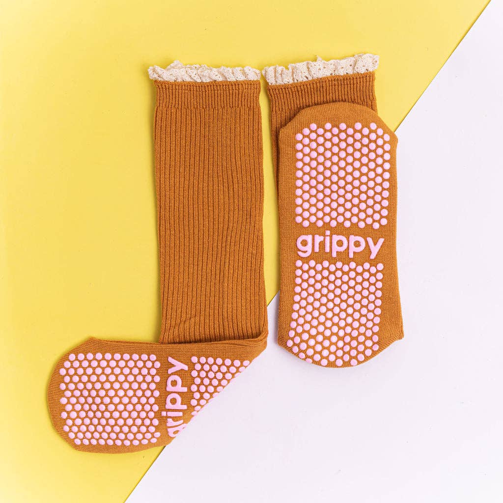 Grippy GRIPPY Frill Crew Grippy Socks: Rust / XS - Size 5 to 6 women's AU sizing
